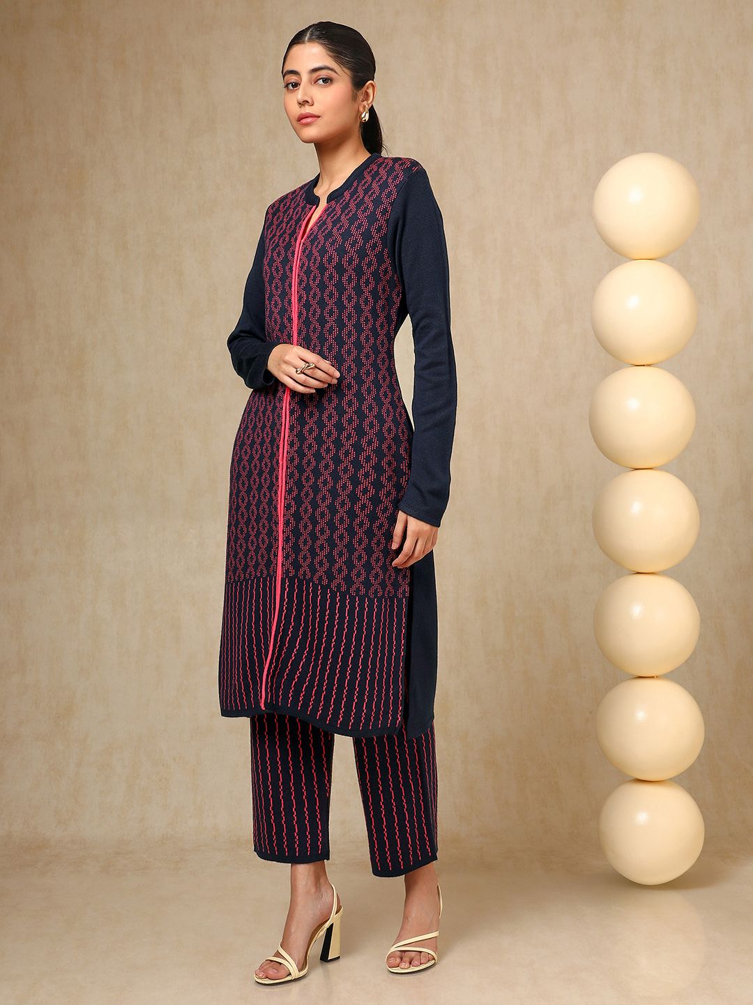 Dhiyona SO Women's Navy Blue Geometric Woven Design Mandarin Collar Acrylic Straight Kurta With Trouser