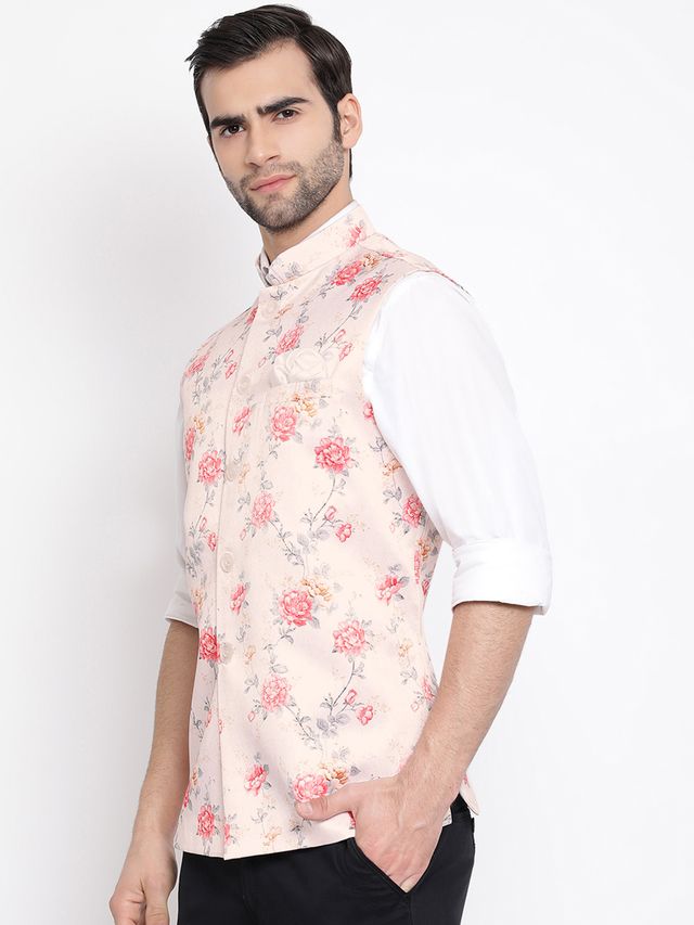 Men's Peach Silk Blend Straight Nehru Jacket