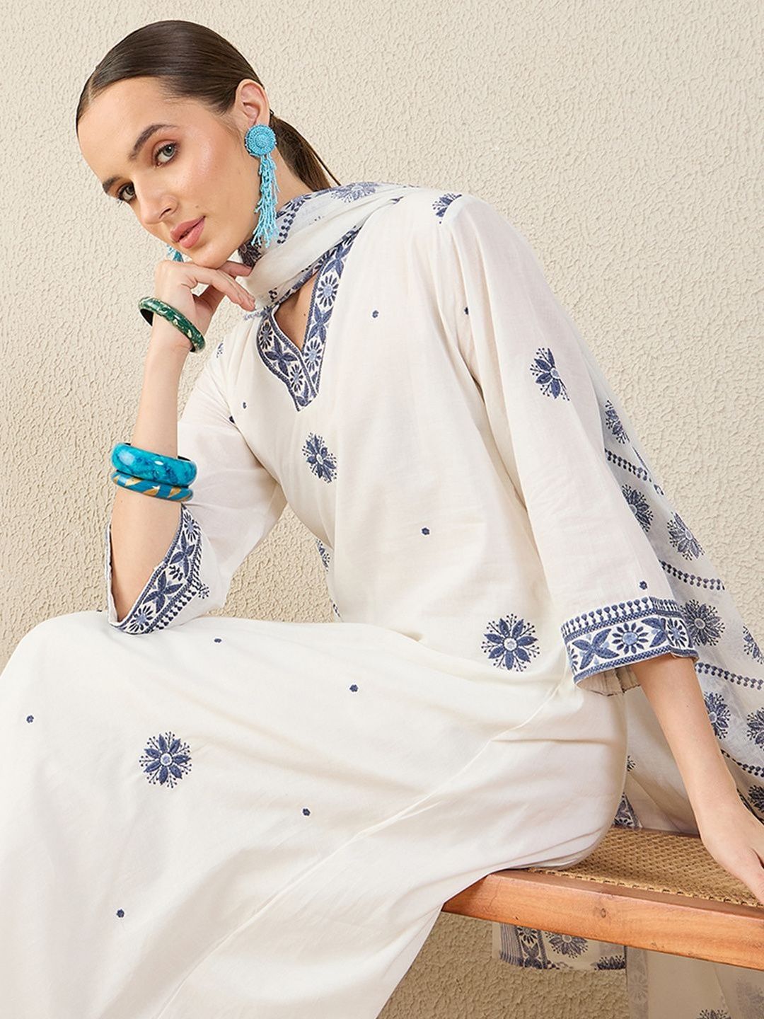 Floral Embroidered V Neck A-Line Pure Cotton Kurta & Trousers With Dupatta