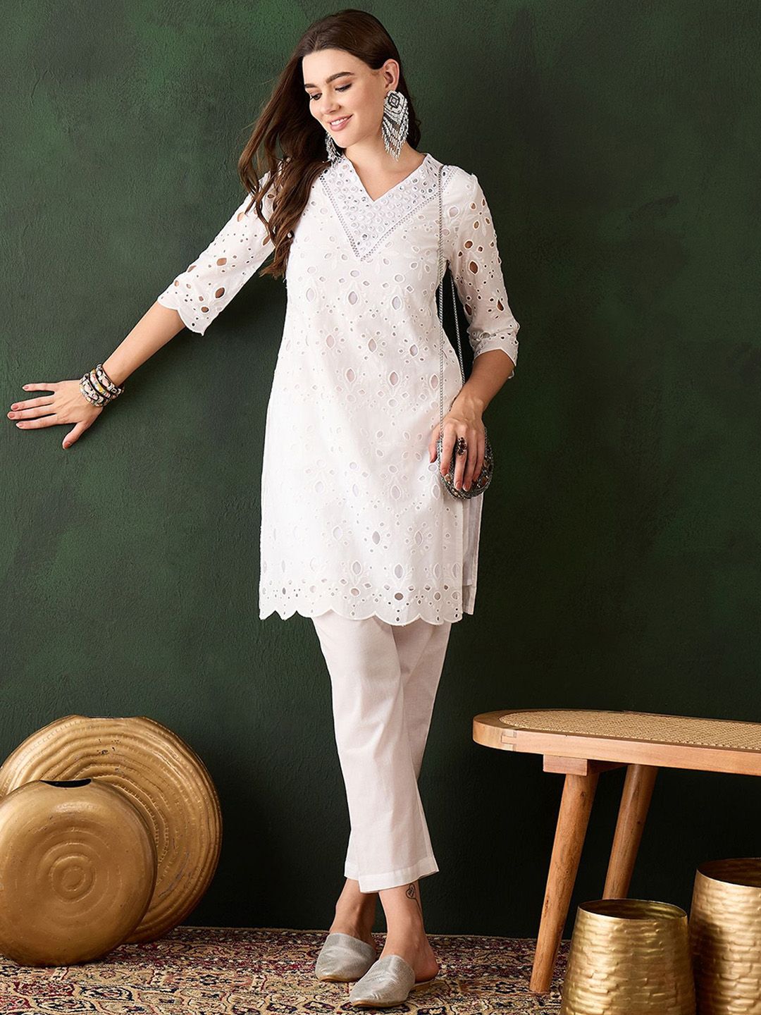 Dhiyona SN Women's White Floral Embroidered V-Neck Mirror Work Pure Cotton Kurta with Trousers