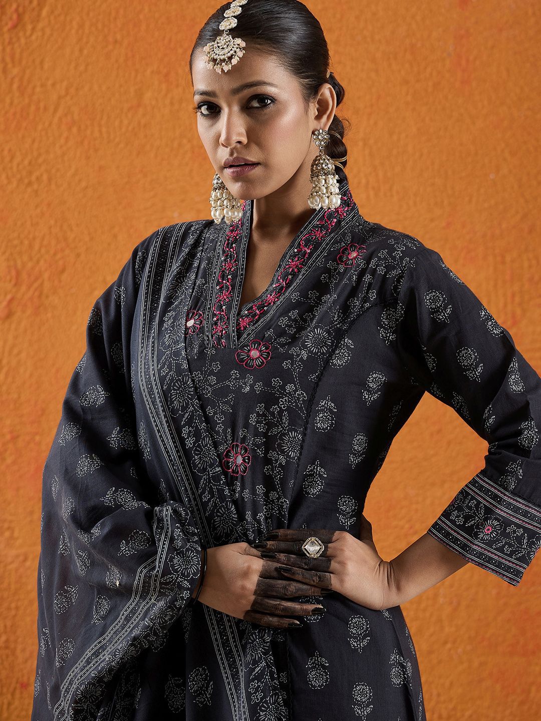 Dhiyona IE Floral Printed Mirror Work Pure Cotton A-Line Kurta With Trousers & Dupatta
