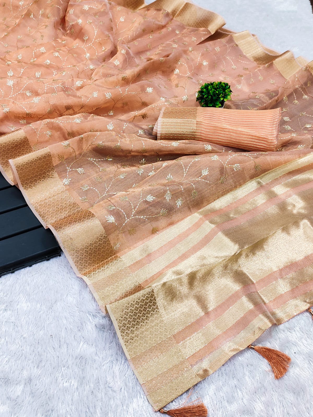 Dhiyona GR Women's Amani Peach Tissue Cotton Silk Embroidered Saree