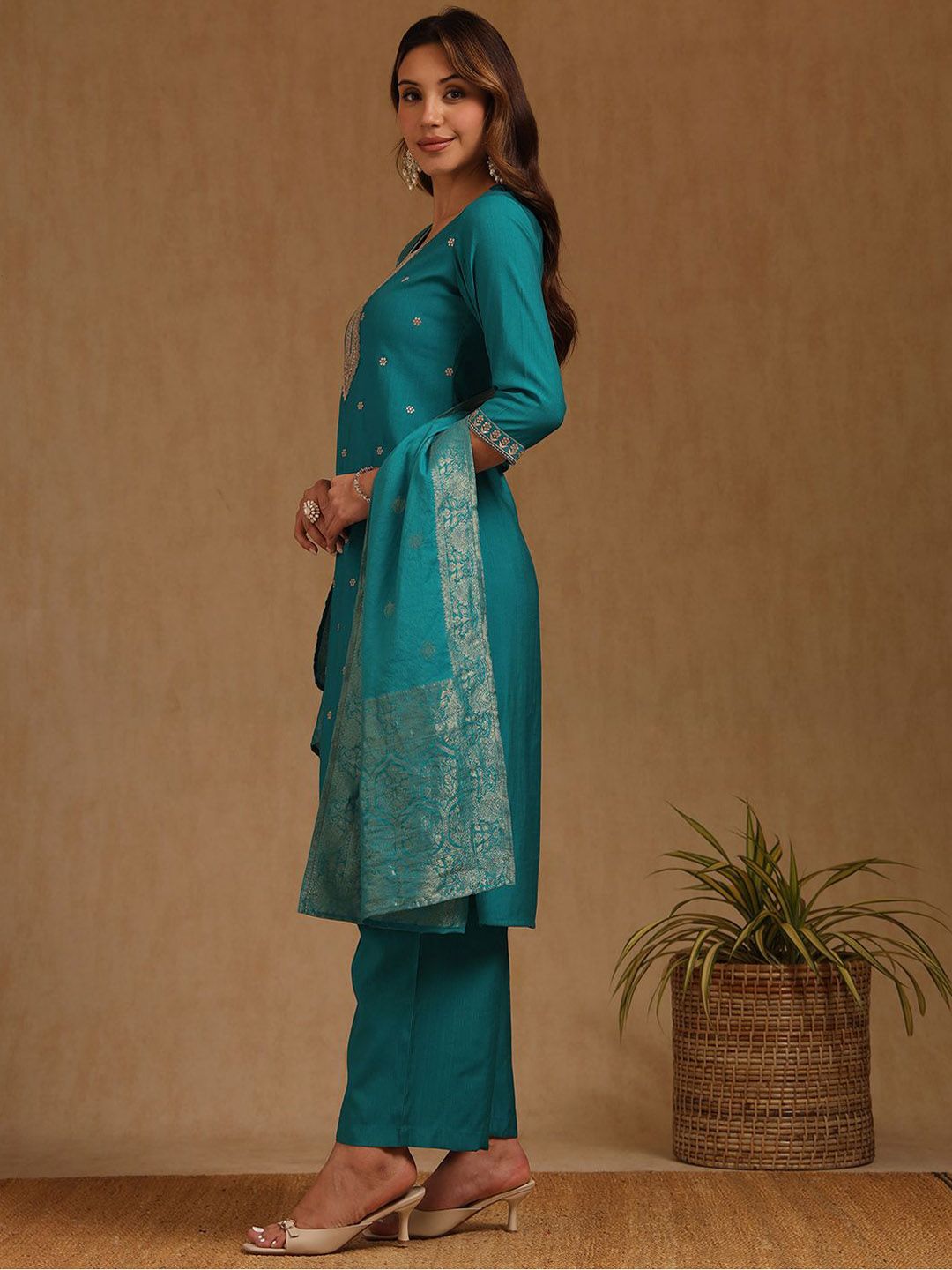 Dhiyona SO Women's Ethnic Motifs Embroidered Round Neck Straight Kurta With Palazzo & Dupatta