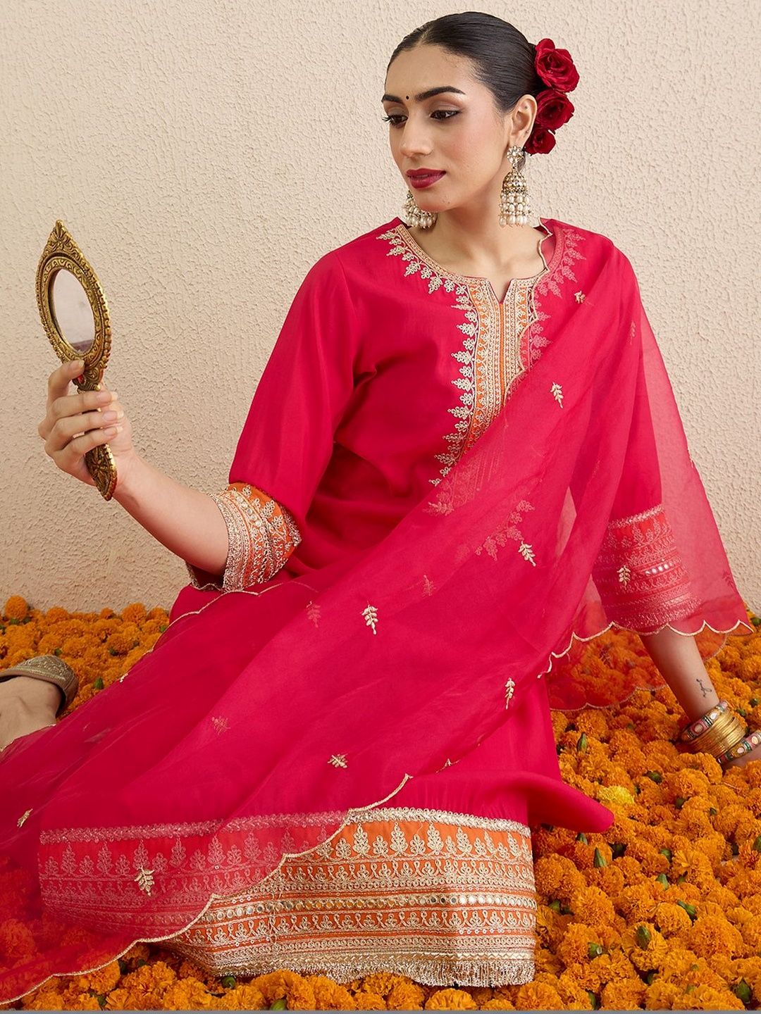 Women Ethnic Motifs Embroidered Regular Thread Work Kurta with Trousers & With Dupatta