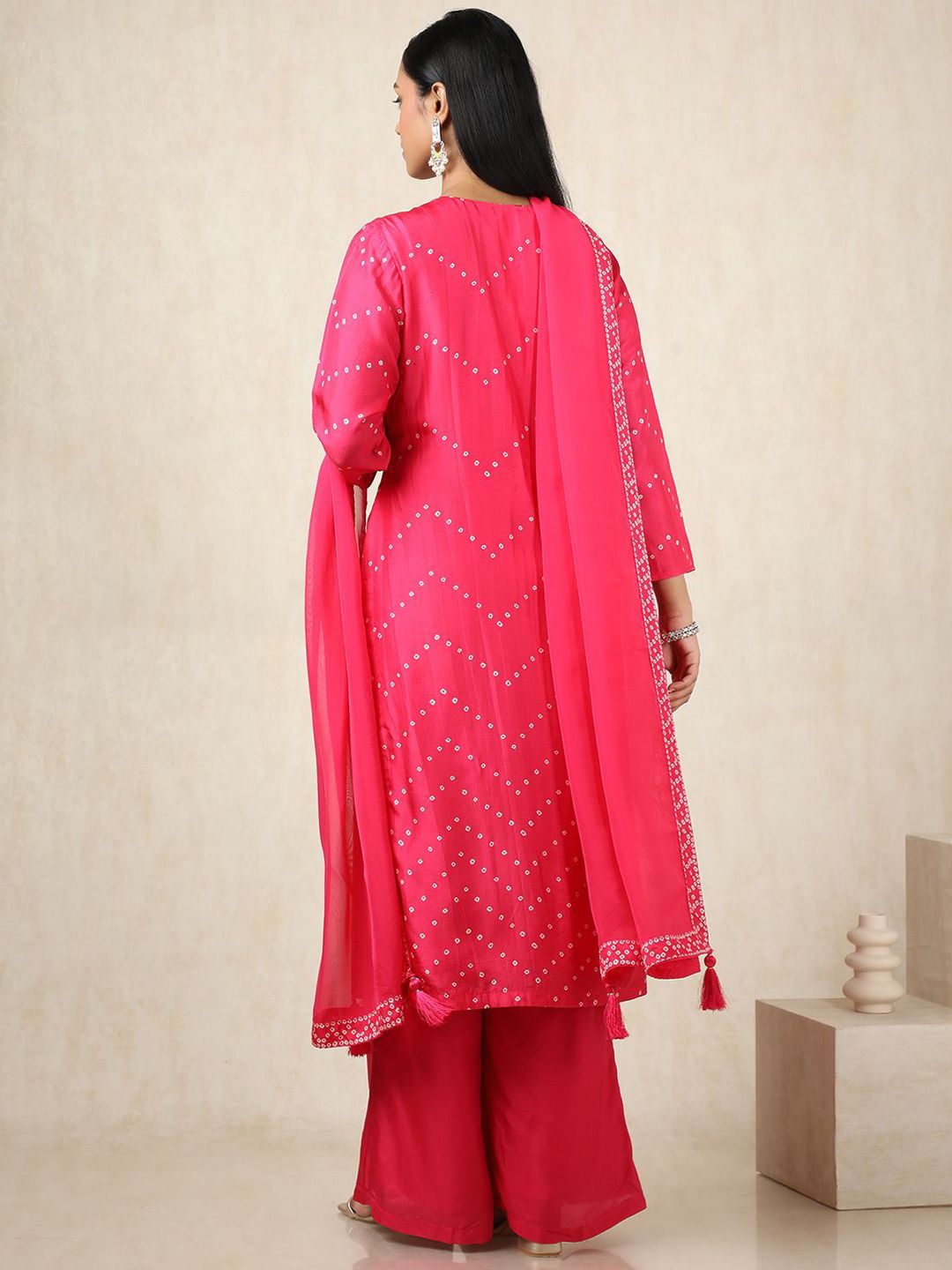 Dhiyona SO Women's Bandhani Printed V-Neck Sequinned Straight Kurta With Palazzos & Dupatta