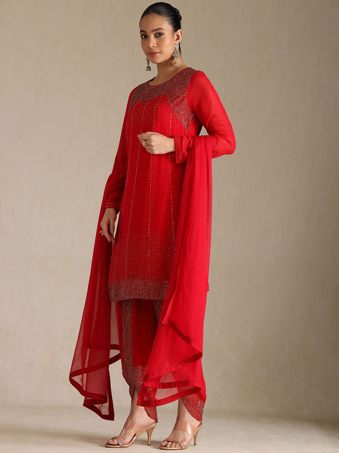 Dhiyona SO Women's Embroidered Beads and Stones Straight Kurta with Dhoti Pants & Dupatta