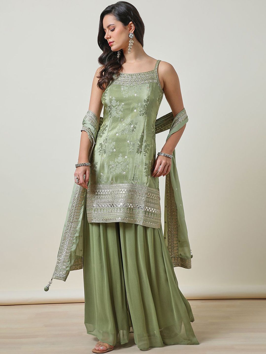 Dhiyona SO Women's Floral Embroidered Mirror Work Straight Kurti with Palazzos & Dupatta