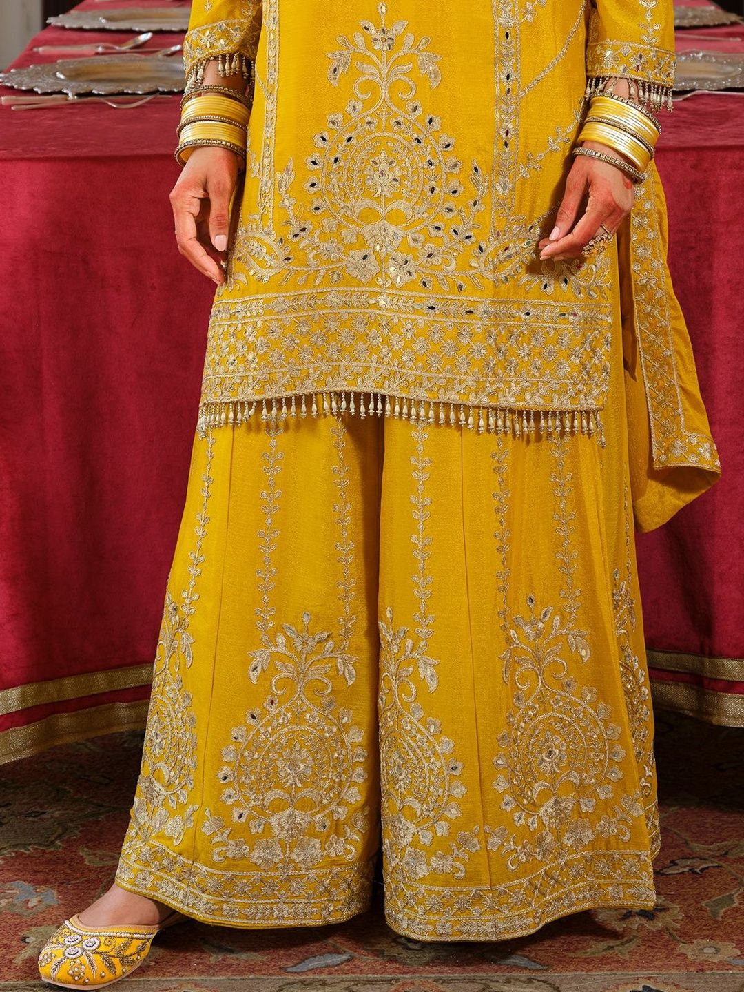 Ethnic Motifs Embroidered Straight Mirror Work Kurta With Palazzos & Dupatta