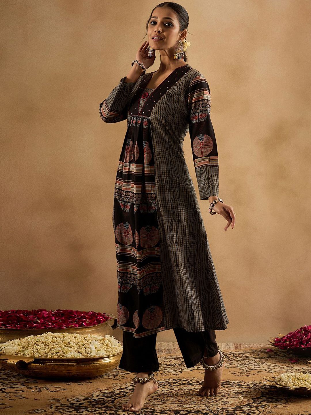 Geometric Printed Panelled Sequinned Pure Cotton A-Line Kurta With Trousers