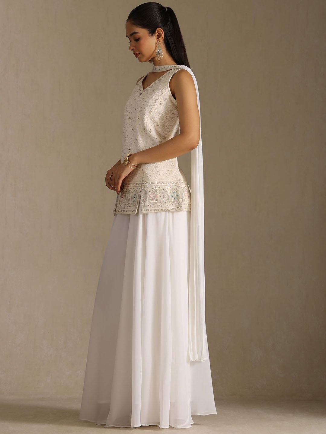 Dhiyona SO Women's Ethnic Motifs Embroidered V-Neck Mirror Work Georgette Kurta With Palazzos & Dupatta
