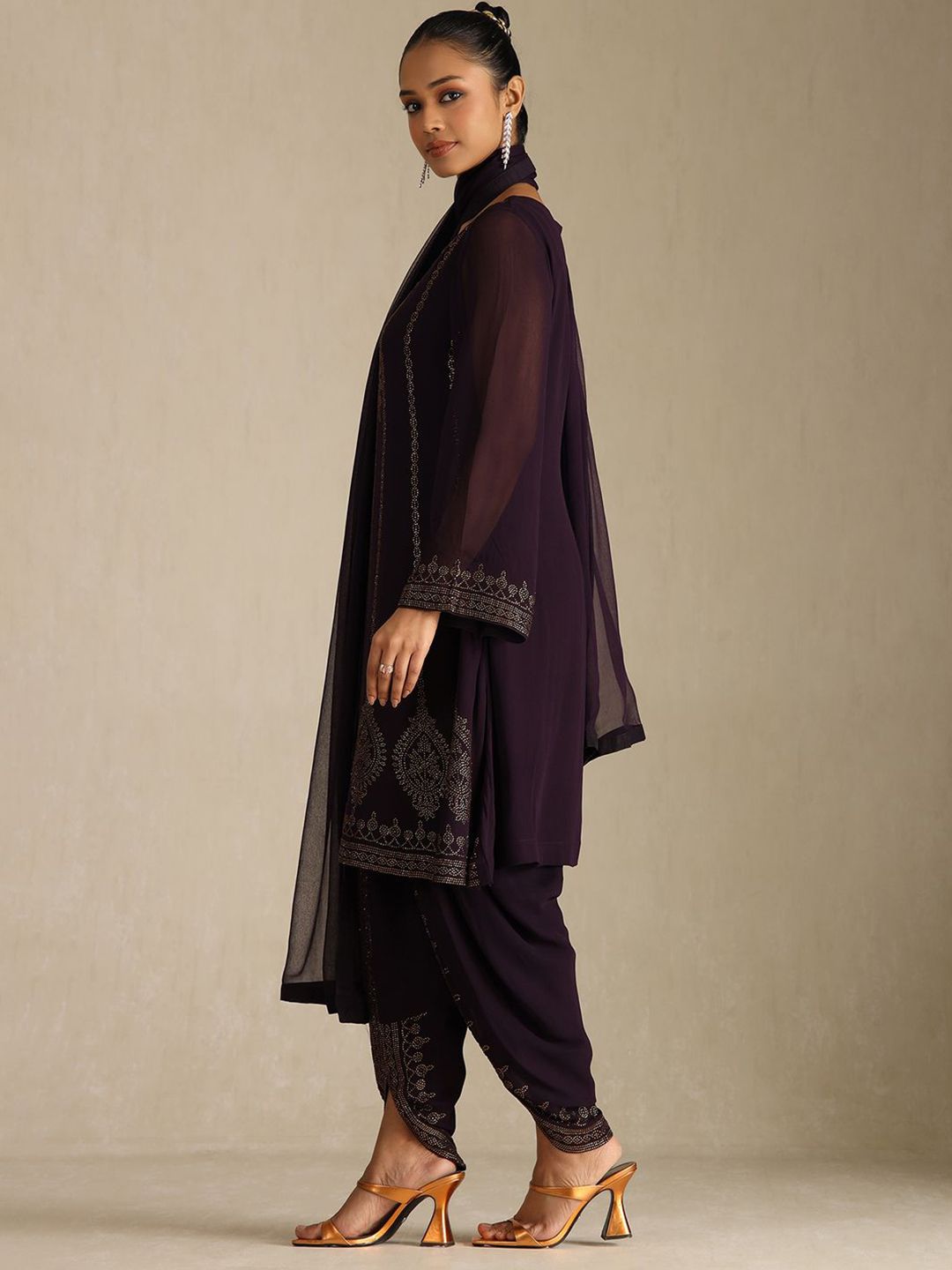 Dhiyona SO Women's Floral Printed Beads and Stones Round Neck Kurta With Dhoti Pants & Dupatta