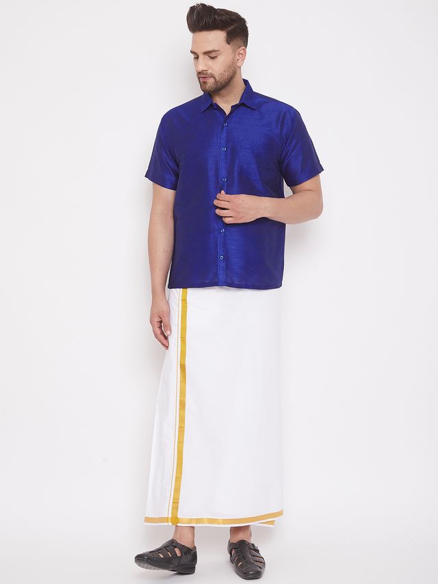 Men's Blue Silk Blend Straight Shirt And Mundu