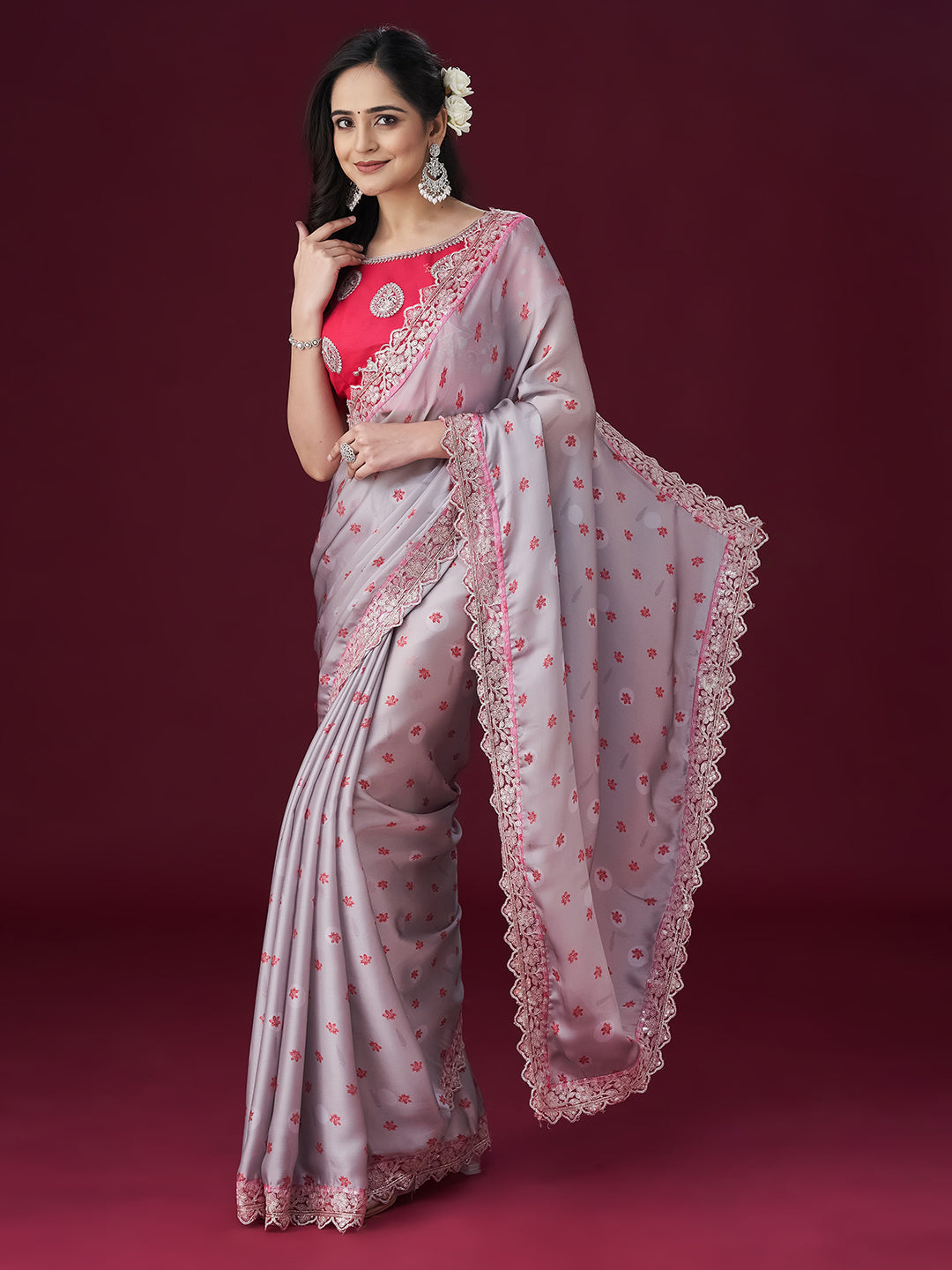 Dhiyona KS Women's Floral Printed Sequin Embellished Satin Saree