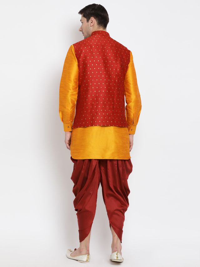 Men's Orange Silk Blend Straight Jacket Kurta and Dhoti Set
