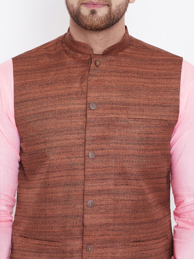 Men's Pink Cotton Blend Straight Jacket Kurta and Pyjama Set