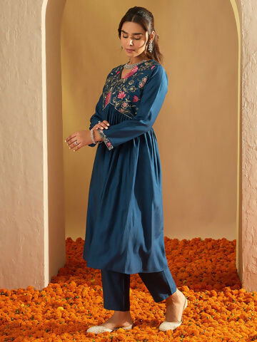 Women's Teal Embroidered A-Line Kurta Trousers Set
