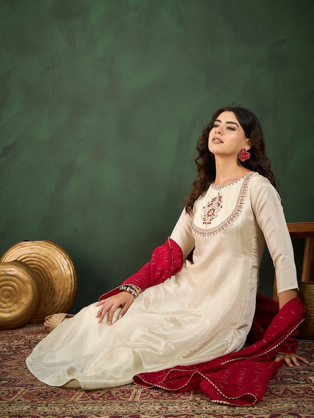 Dhiyona SN Women's Round Neck Embroidered A-Line Kurta Sets