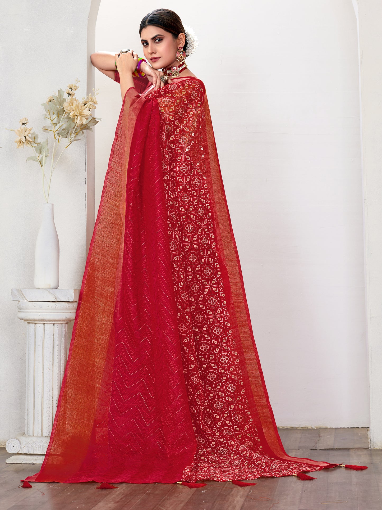 Women's Soft Silk Red Embroidered Designer Saree With Blouse Piece
