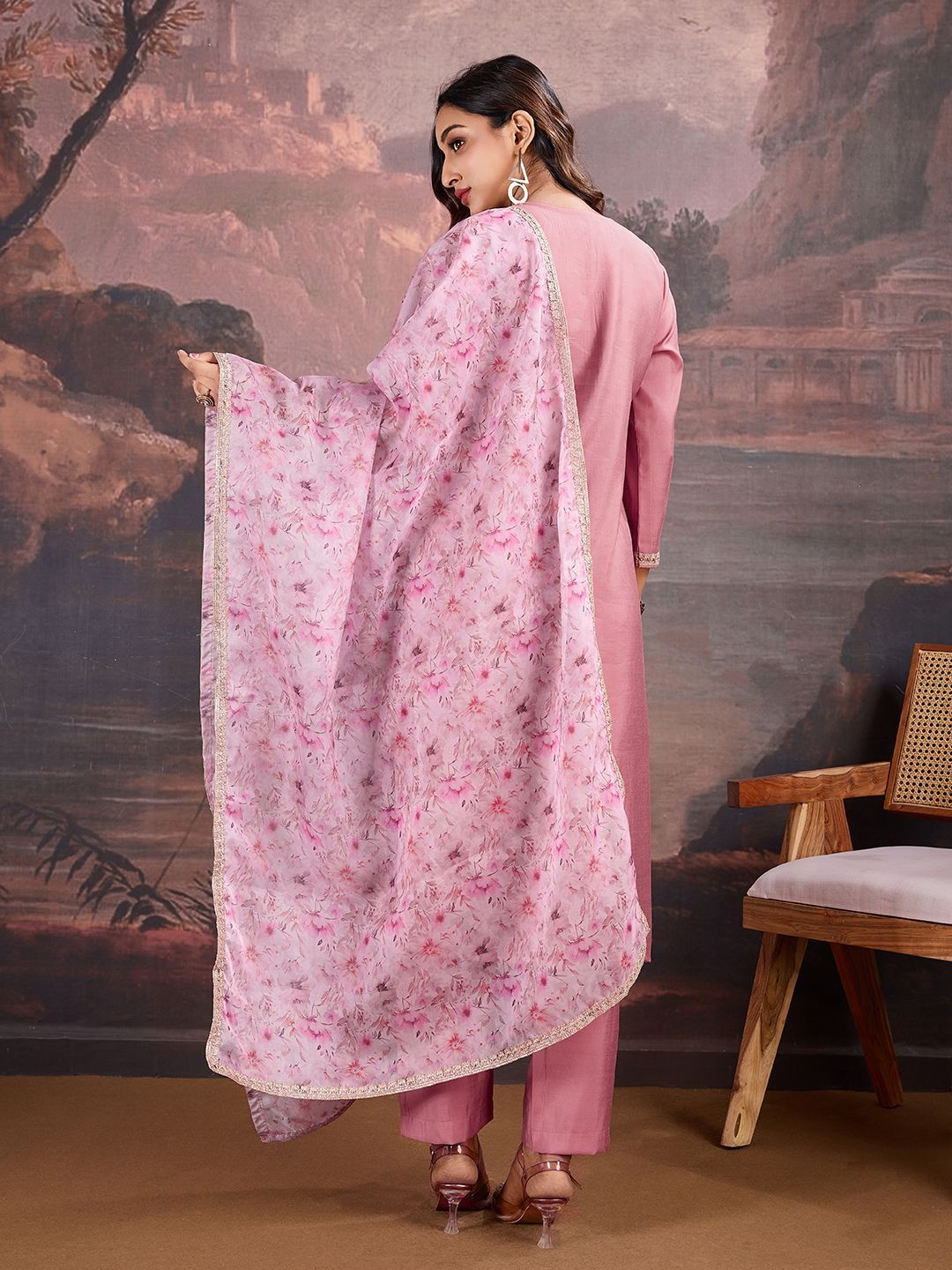 Dhiyona PD Women Floral Embroidered Sequinned Straight Kurta With Trouser & Dupatta