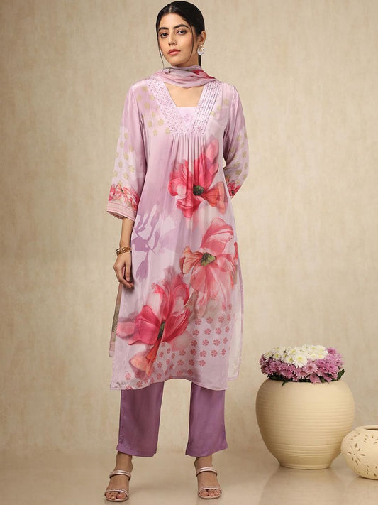 Dhiyona SO Women's Floral Printed Square Neck Pleated Beads Work Straight Kurta With Trouser & Dupatta