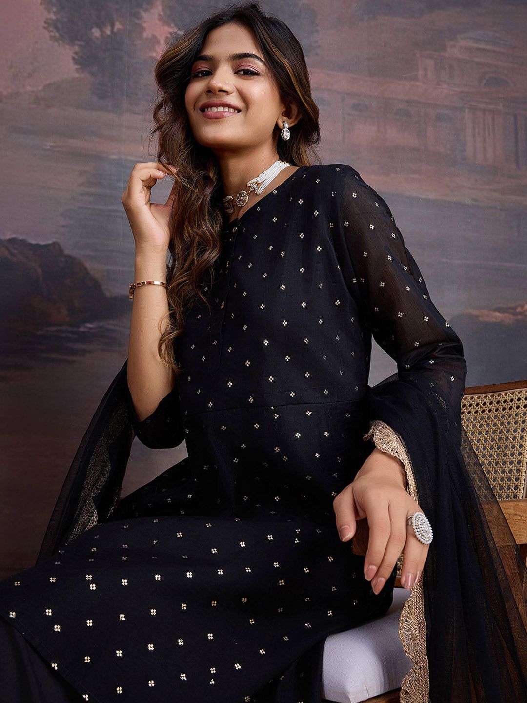 Dhiyona PD Women Floral Woven Design Chanderi Cotton A-Line Kurta & Trousers With Dupatta
