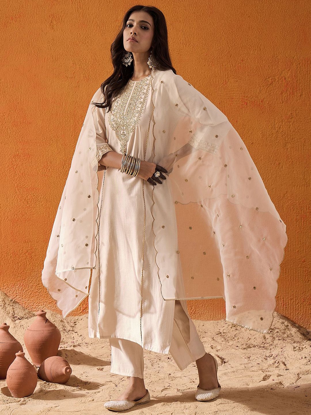 Dhiyona IE Off White Ethnic Motifs Embroidered Panelled Zari Kurta With Trousers & Dupatta