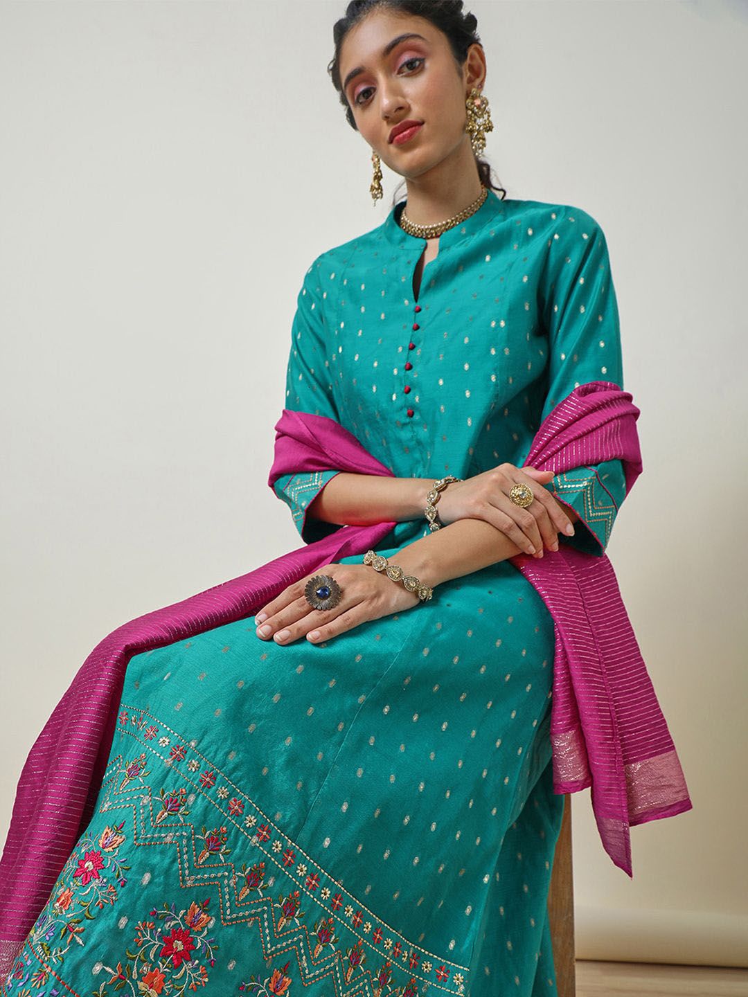 Dhiyona SO Women's Alina Cut Woven Design Mandarin Collar Thread Work Chanderi Silk Kurta &Trouser & Dupatta