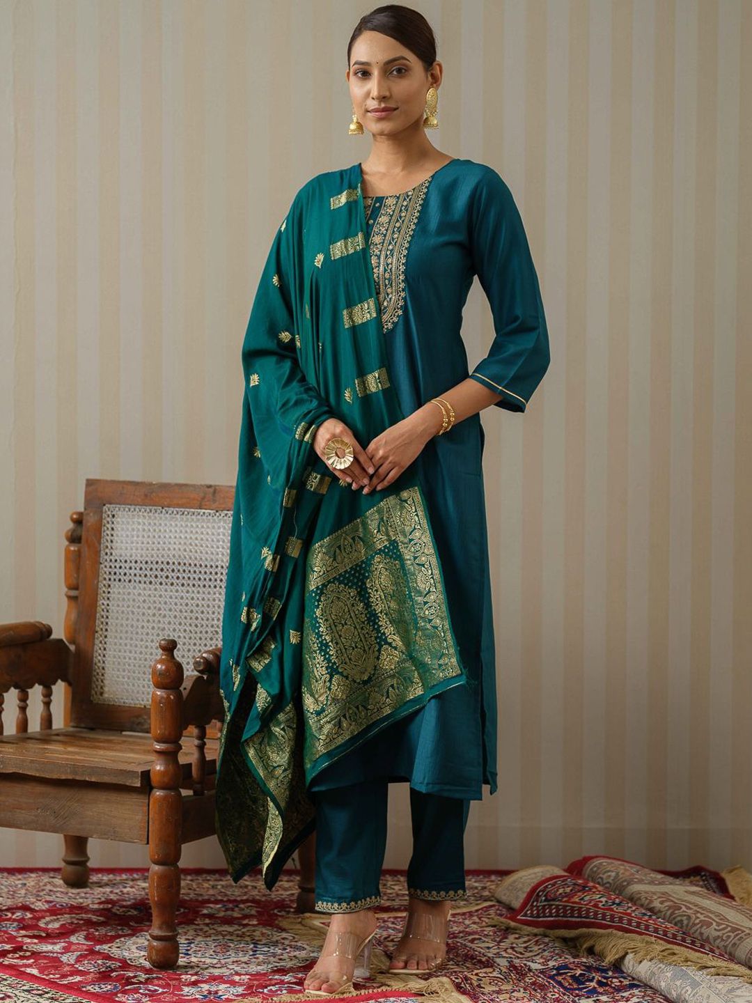 Dhiyona OD Ethnic Motifs Embroidered Straight Kurta & Trousers With Dupatta