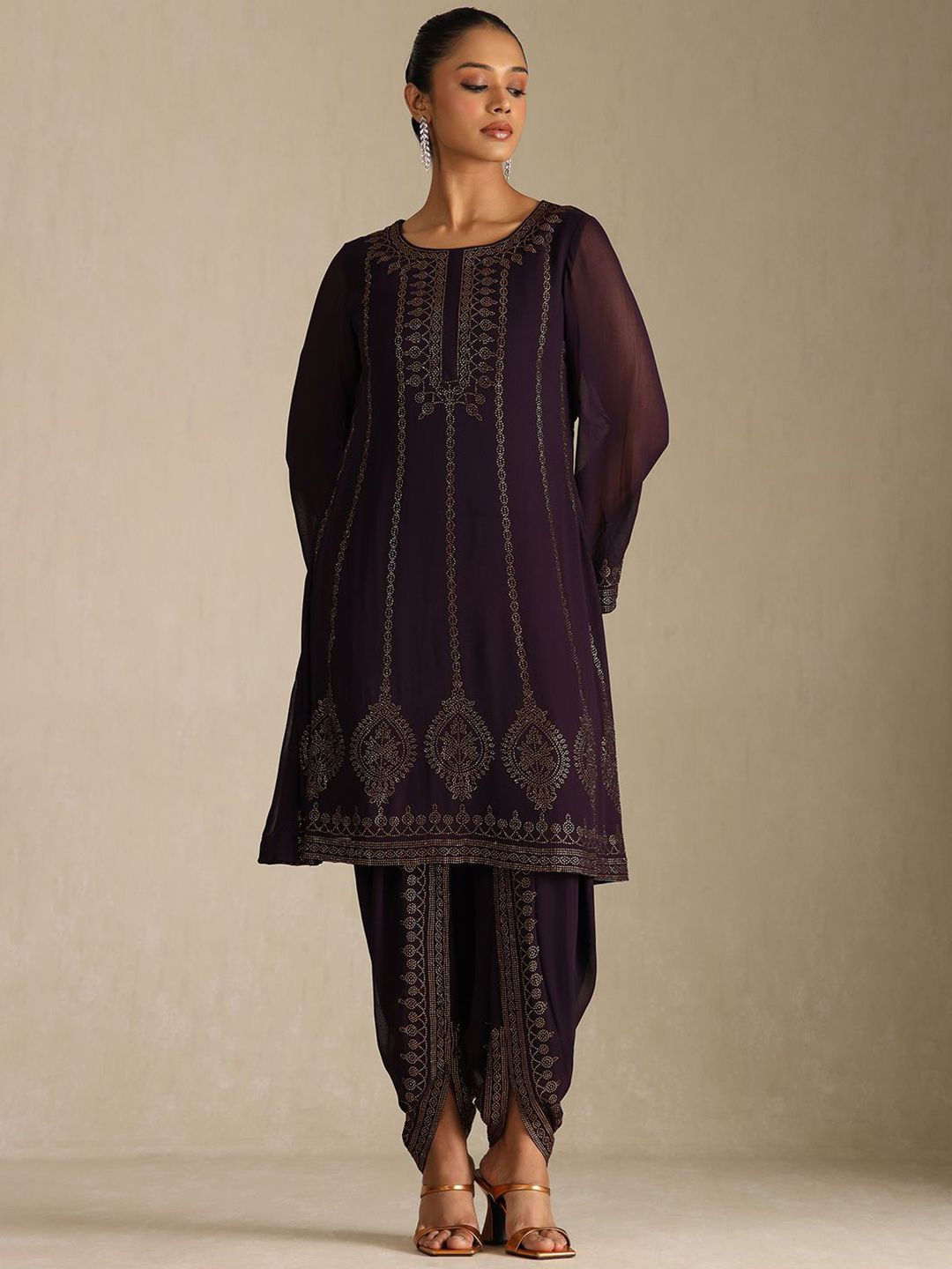 Dhiyona SO Women's Floral Printed Beads and Stones Round Neck Kurta With Dhoti Pants & Dupatta