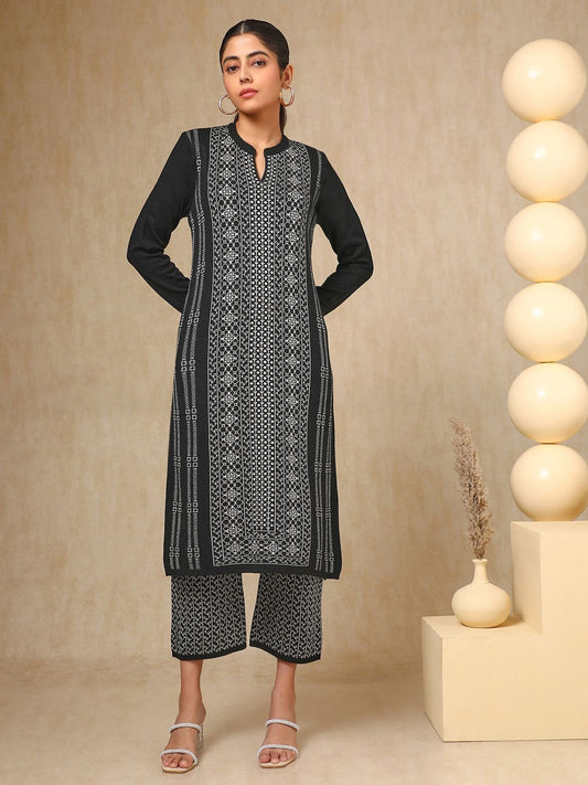 Dhiyona SO Women's Black Floral Woven Design Mandarin Collar Acrylic Straight Kurta With Trouser