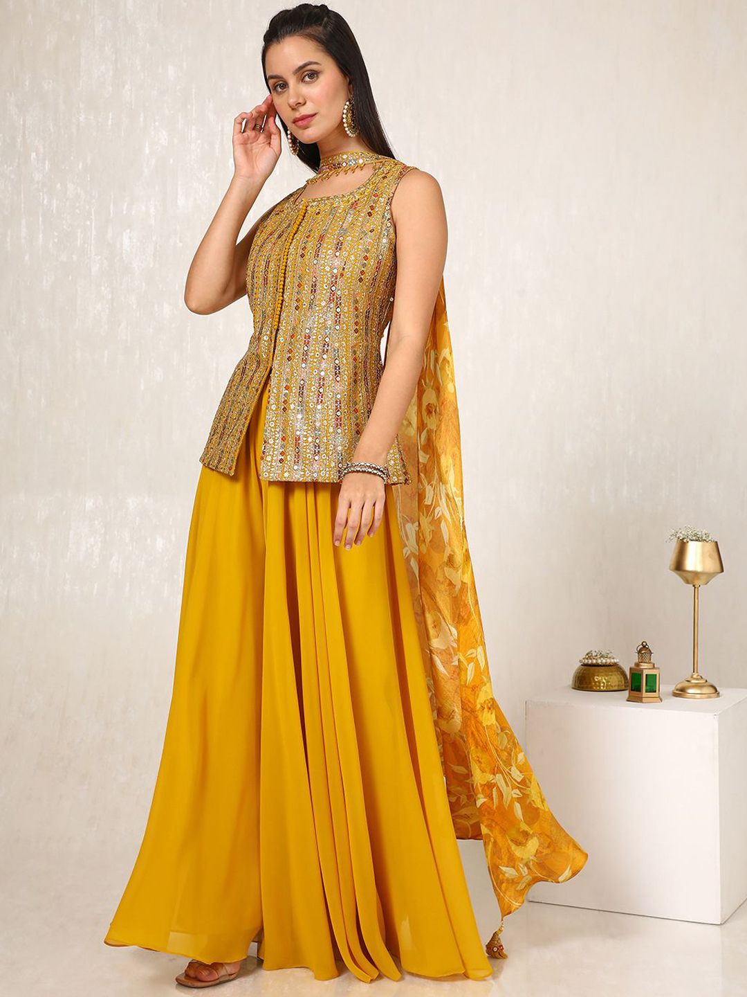 Dhiyona SO Women's Alina Cut Ethnic Motifs Embroidered Sequinned Kurti with Palazzos & With Dupatta