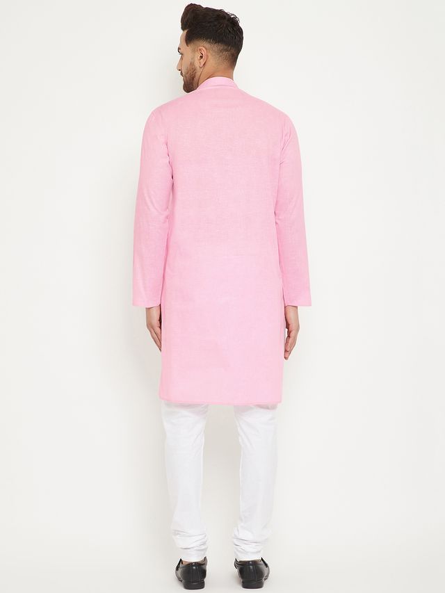 Men's Pink Cotton Blend Straight Kurta Pyjama Set