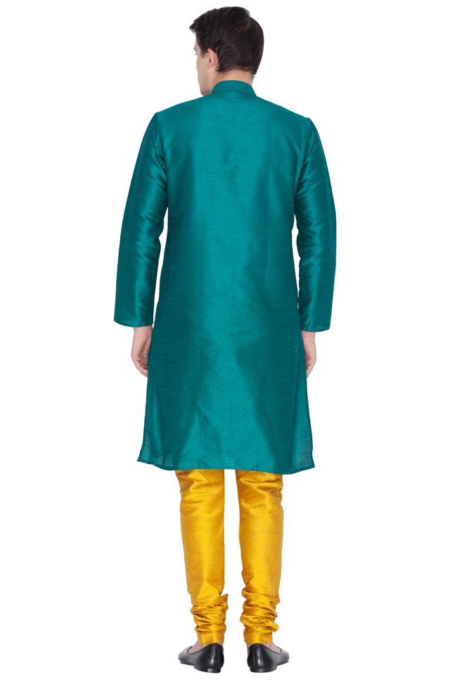 Men's Green Silk Blend Straight Kurta Pyjama Set