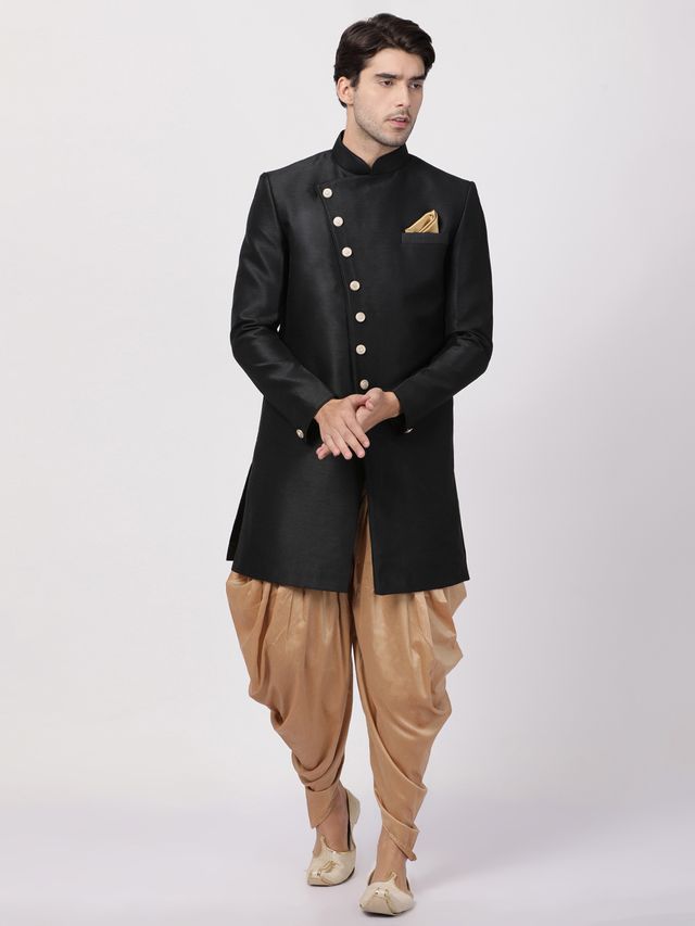 Men's Black Silk Blend Straight Sherwani Set
