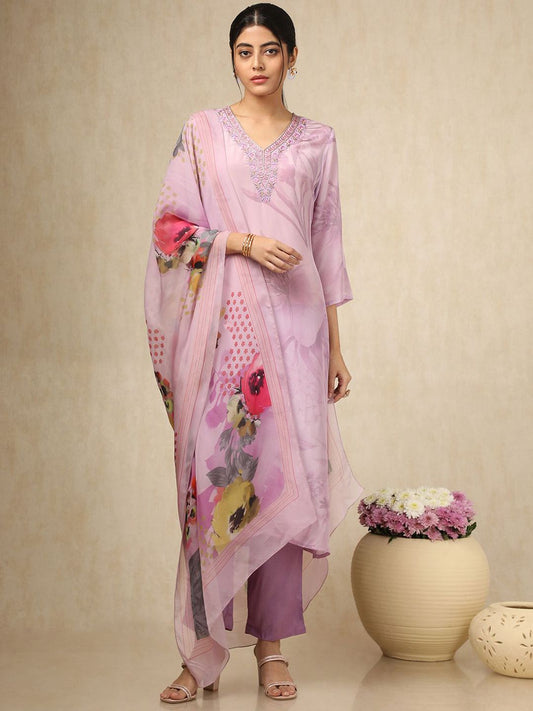 Dhiyona SO Women's Floral Printed V Neck Thread Work Silk Crepe Kurta With Trousers & Dupatta
