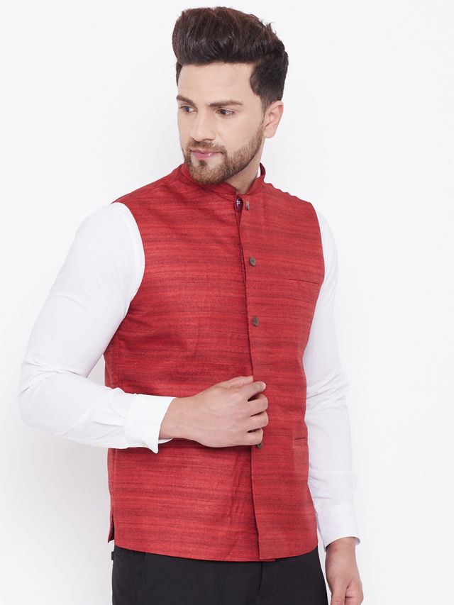 Men's Maroon Silk Blend Straight Nehru Jacket