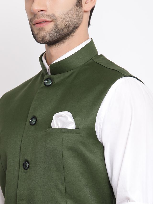 Men's Green Cotton Silk Straight Nehru Jacket