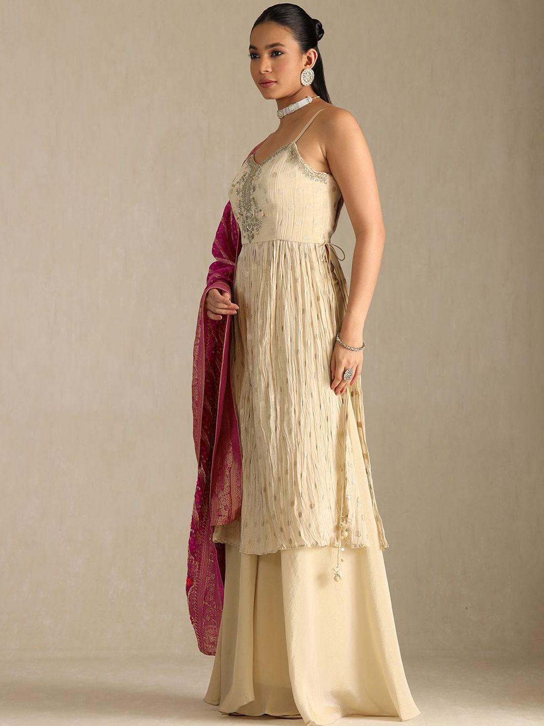 Dhiyona SO Women's Floral Woven Design Sequinned Pleated Anarkali Tissue Kurta With Palazzos & Dupatta