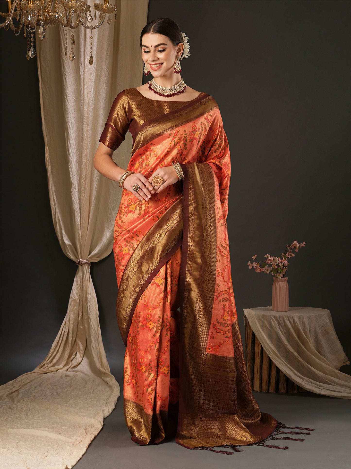 Women's Silk Blend Brown Woven Design Designer Saree With Blouse Piece