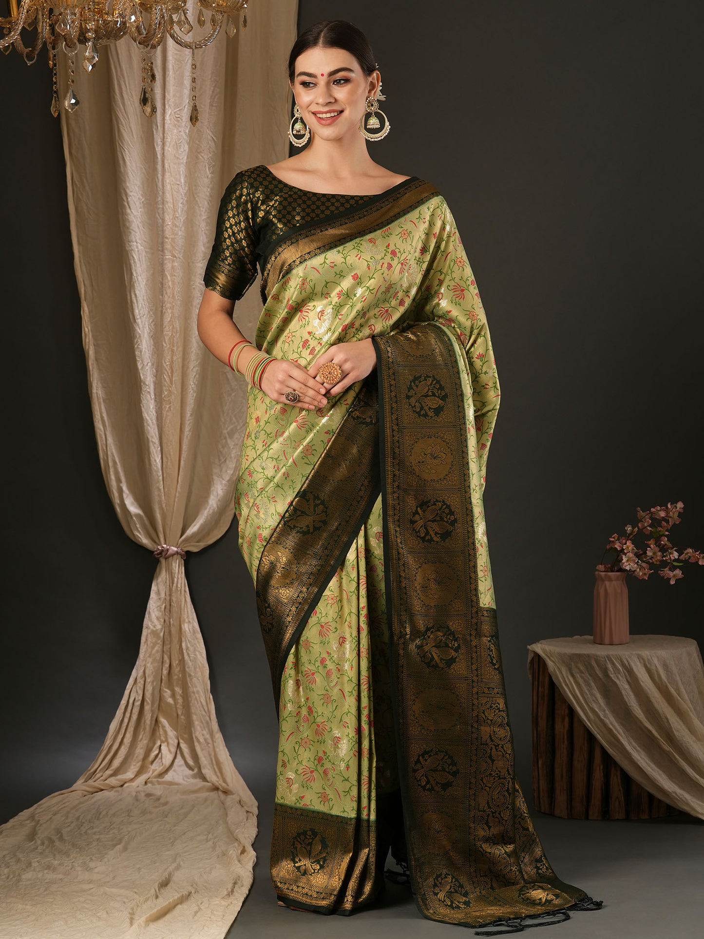 Women's Silk Blend Green Woven Design Designer Saree With Blouse Piece