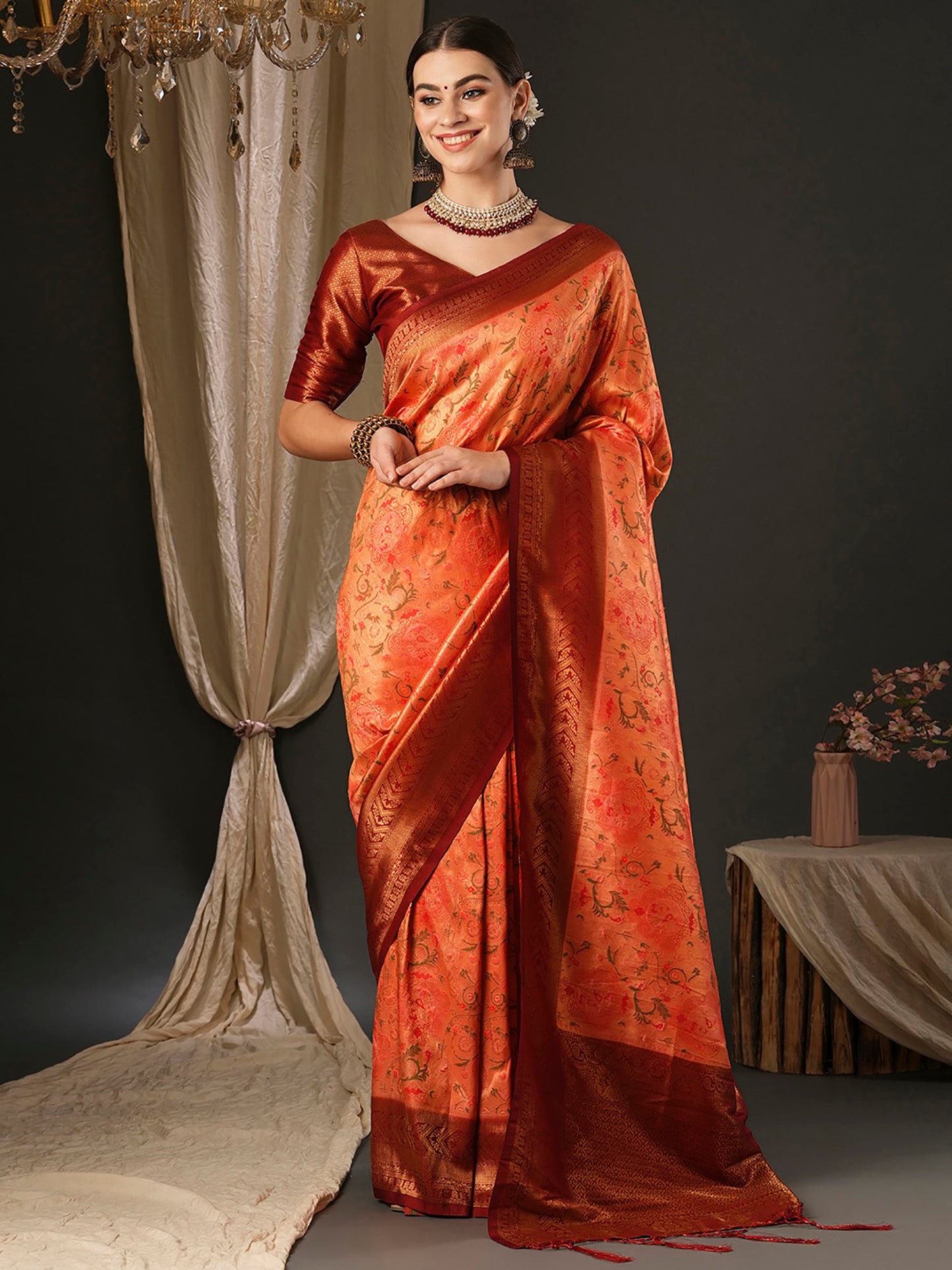 Women's Silk Blend Red Woven Design Designer Saree With Blouse Piece