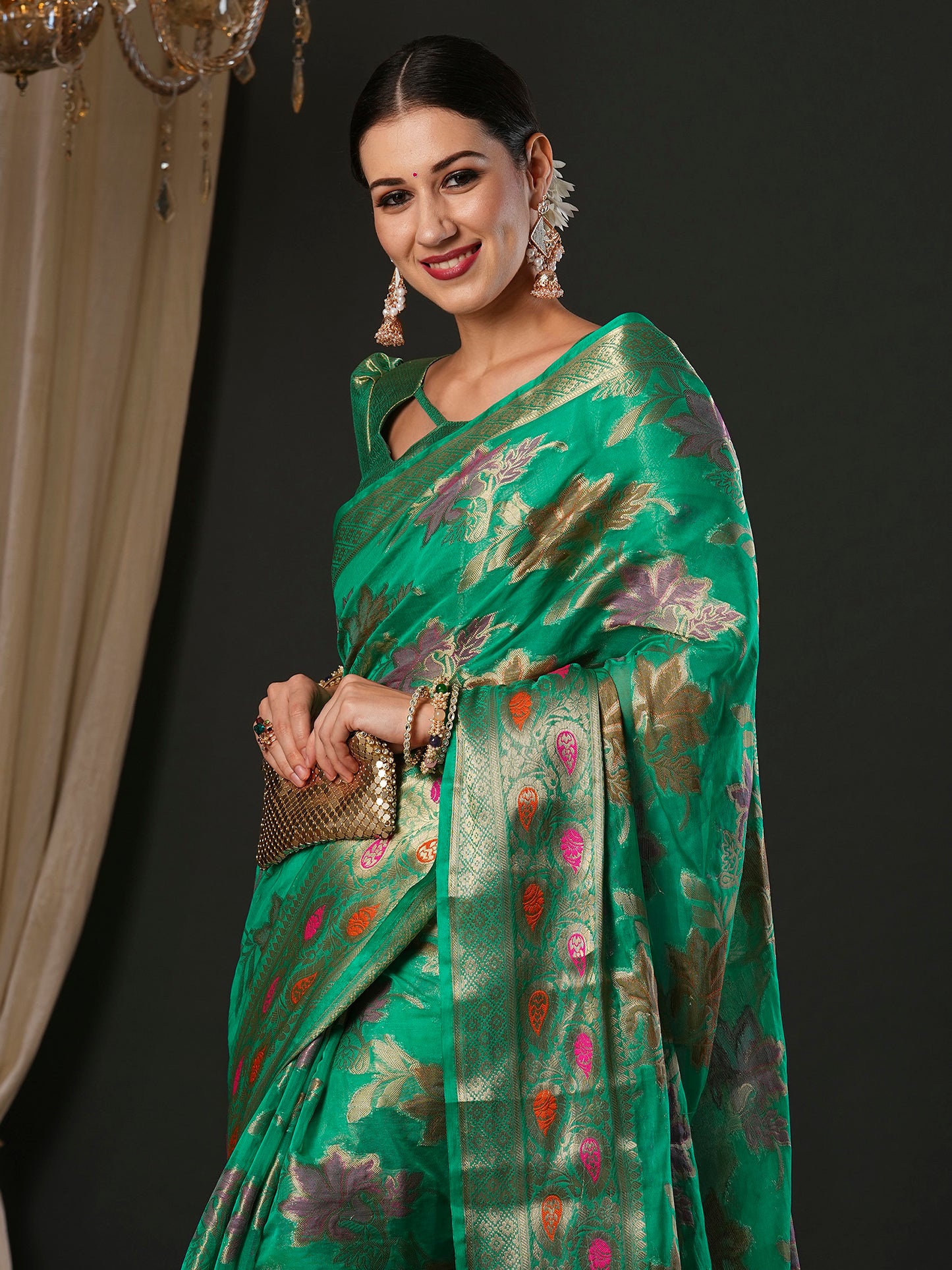 Women's Organza Turquoise Woven Design Designer Saree With Blouse Piece