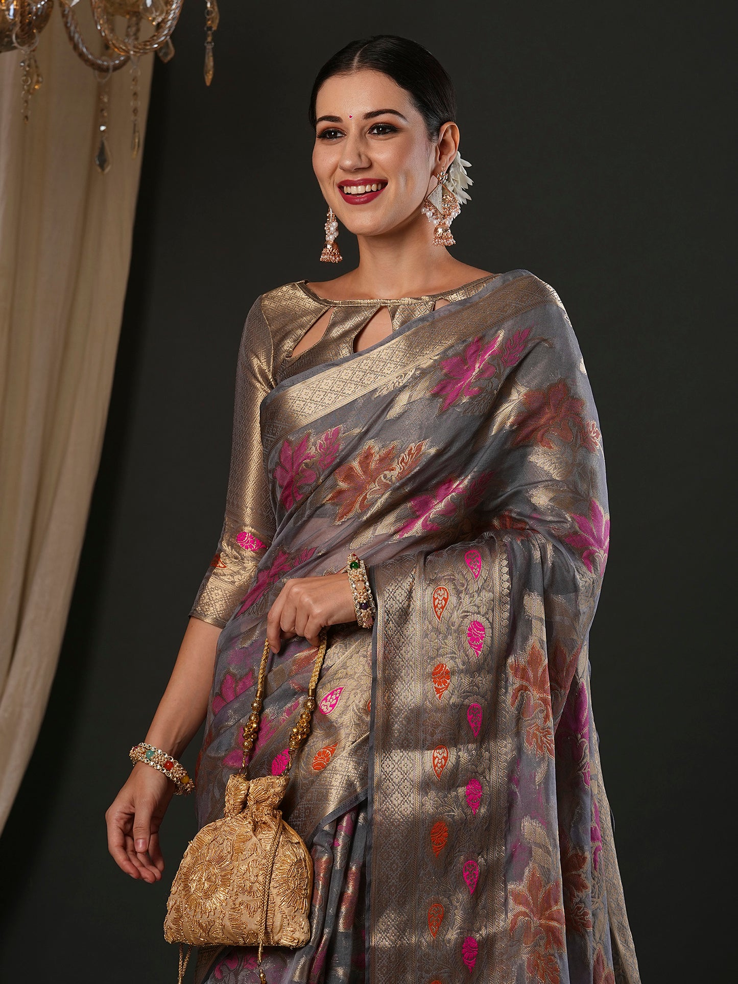 Women's Organza Grey Woven Design Designer Saree With Blouse Piece