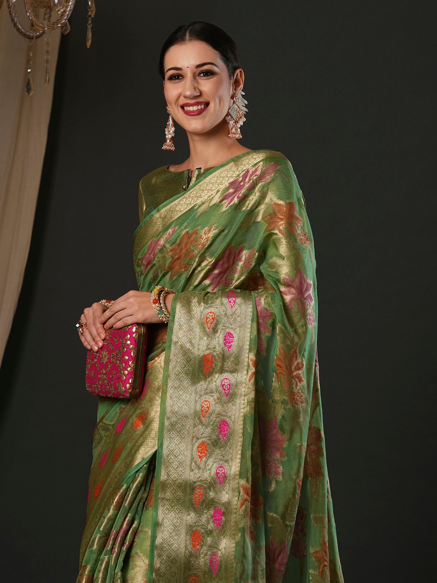 Women's Organza Light Green Woven Design Designer Saree With Blouse Piece