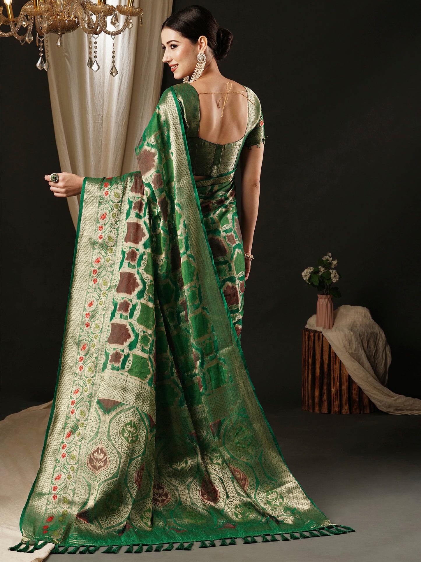 Women's Organza Teal green Woven Design Designer Saree With Blouse Piece