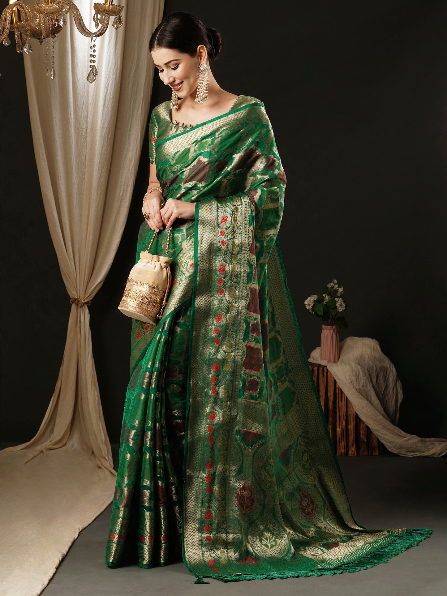 Women's Organza Teal green Woven Design Designer Saree With Blouse Piece
