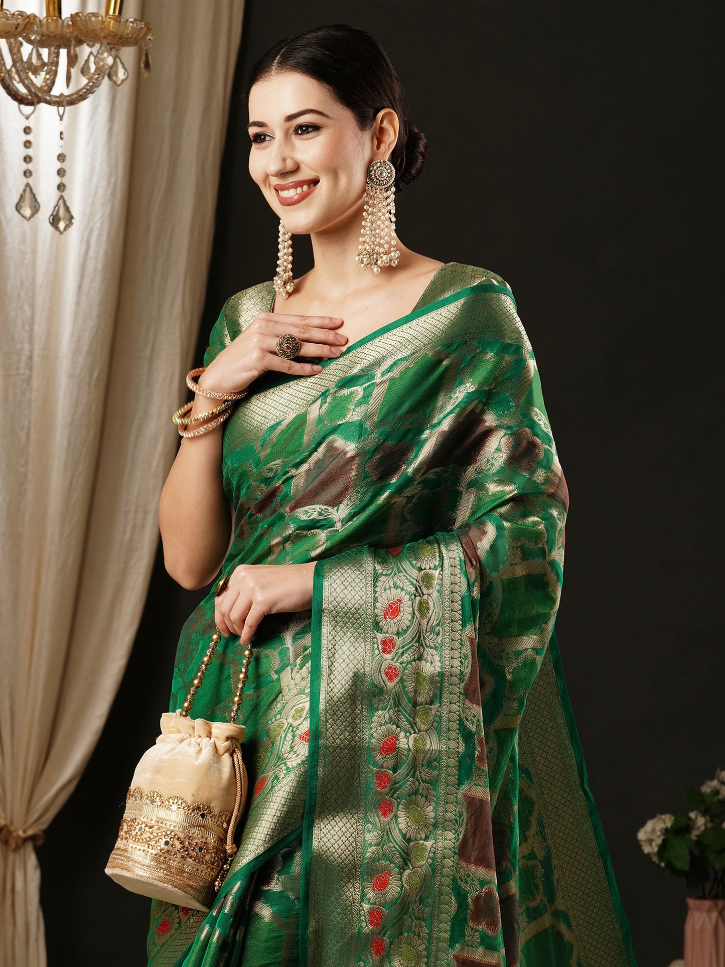 Women's Organza Teal green Woven Design Designer Saree With Blouse Piece
