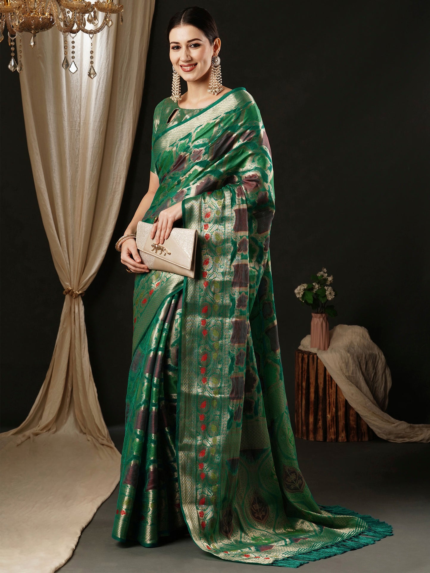 Women's Organza Teal blue Woven Design Designer Saree With Blouse Piece
