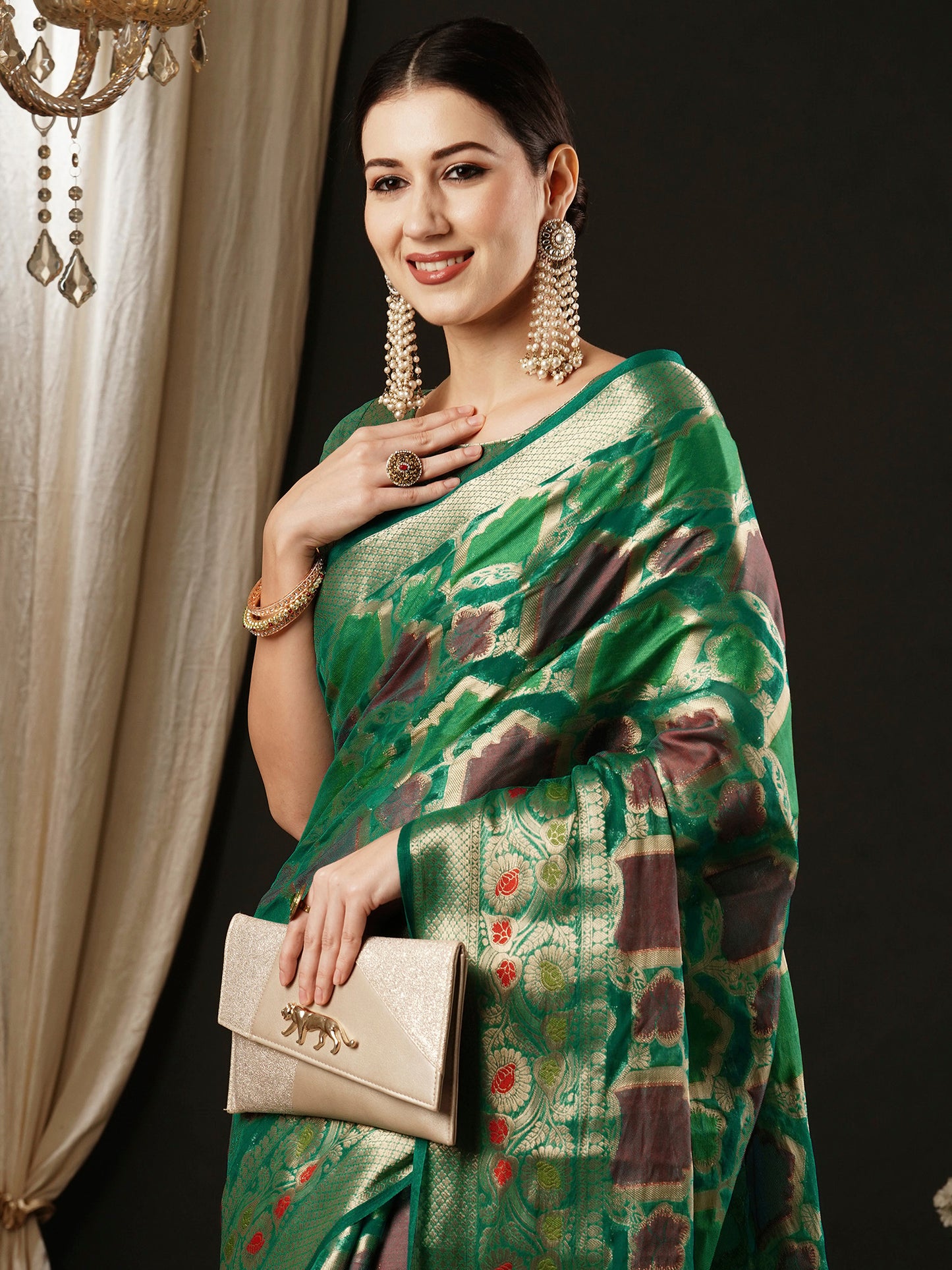 Women's Organza Teal blue Woven Design Designer Saree With Blouse Piece