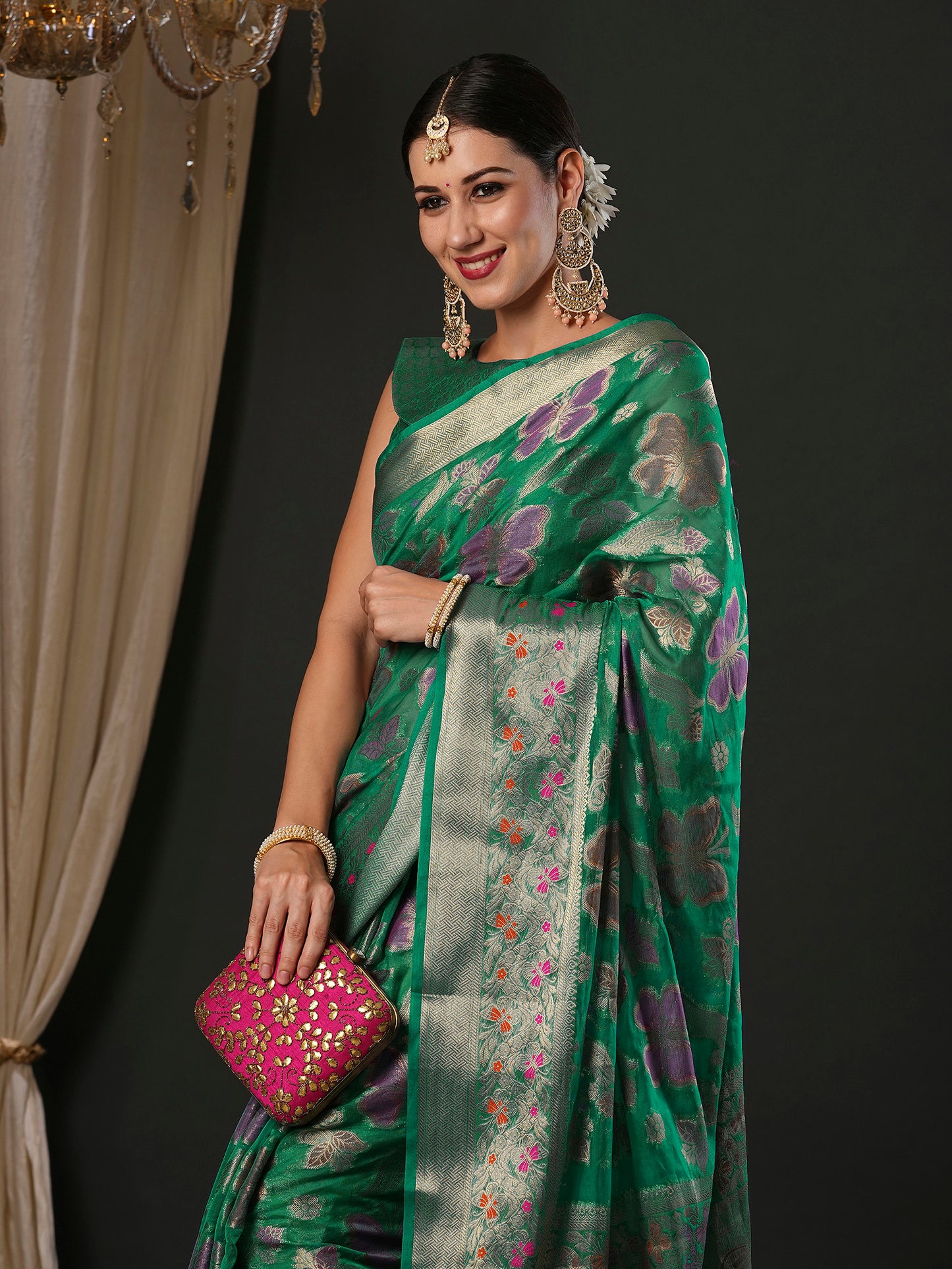 Women's Organza Teal green Woven Design Designer Saree With Blouse Piece